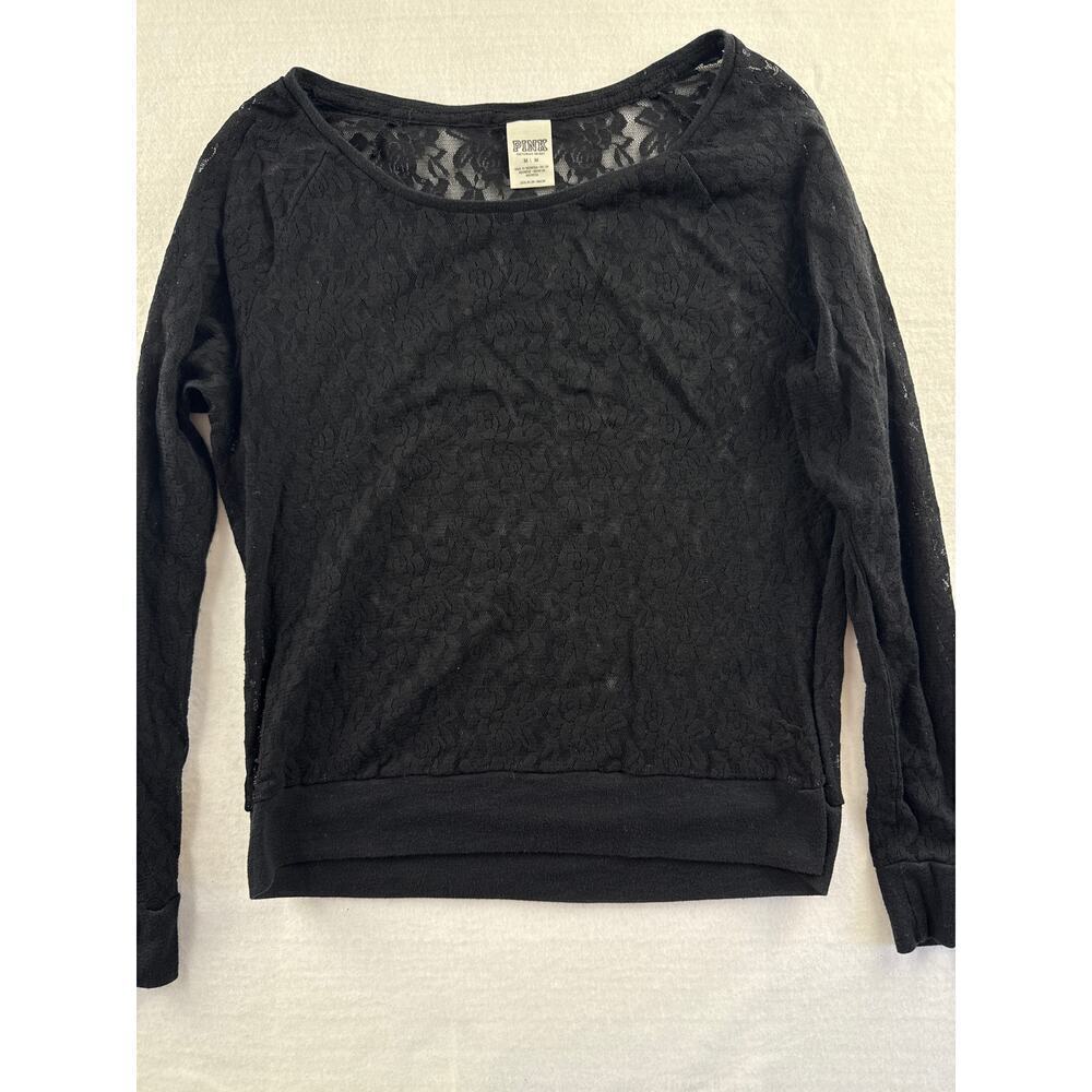 Women’s PINK Black Nylon Sheer Floral Designed Long Sleeve Sz M